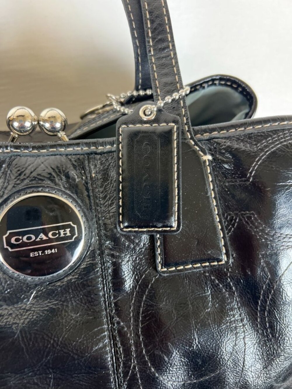 Coach Signature Stitch Frame Carryall Black Patent Leather Bag F15658 - Picture 5 of 16